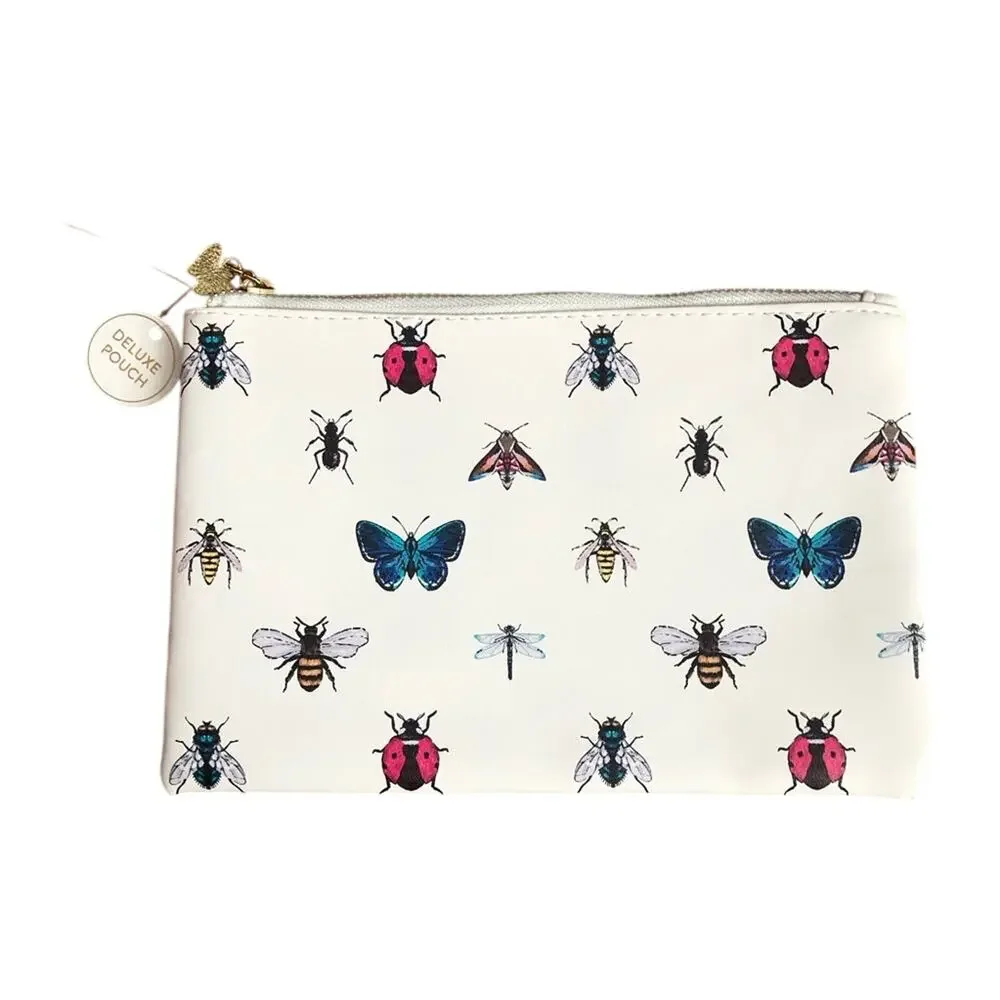 Deluxe Cream Pouch with Insect Butterfly Design Faux Leather Cosmetic Bag NWT